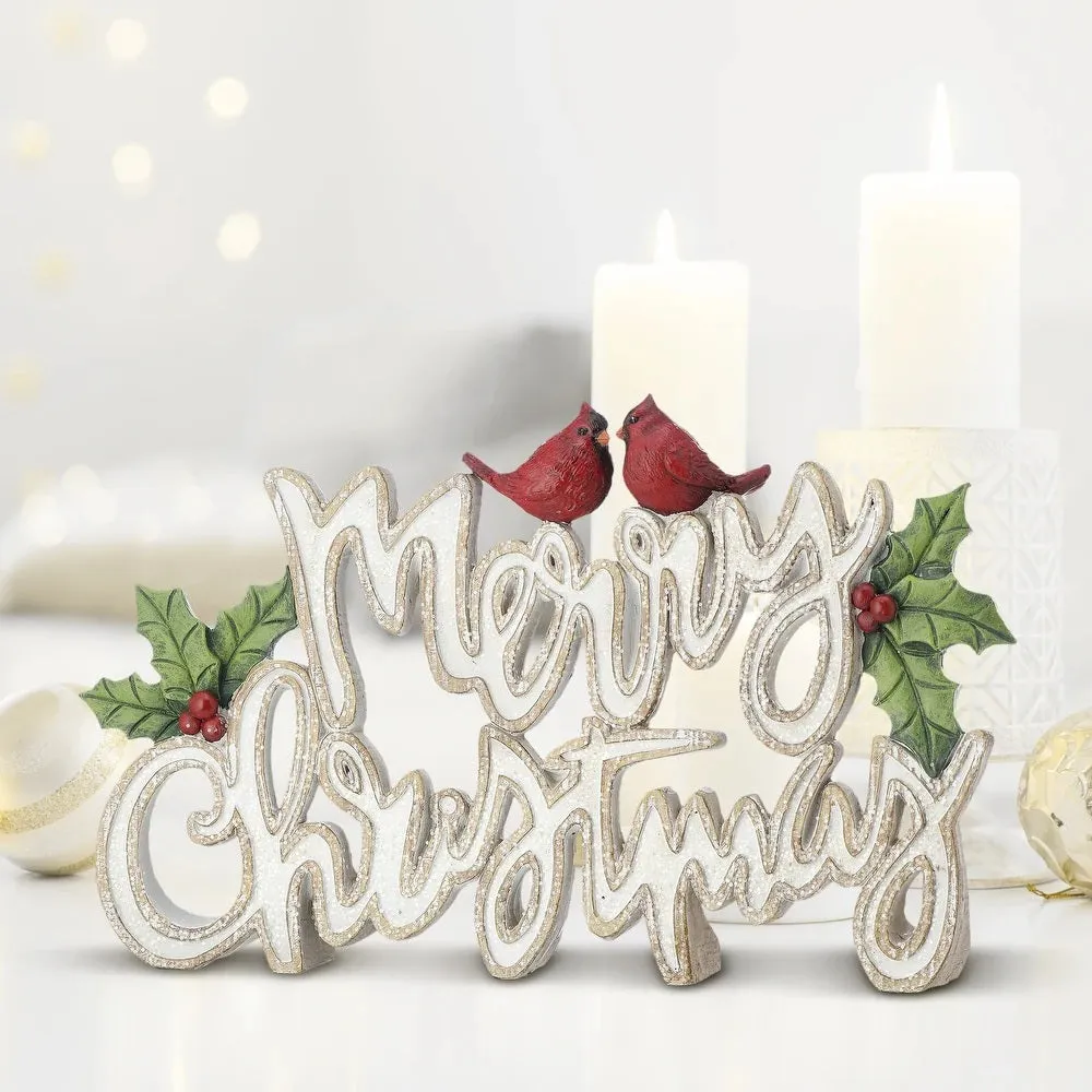 12" Resin Holly Merry Christmas Table Piece