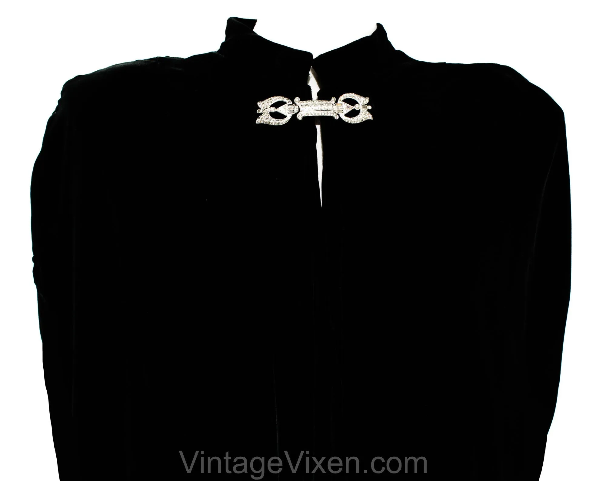 1930s Black Velvet Cape with Deco Rhinestone Clasp - Size Small Medium Winter Evening Wrap - Old Hollywood Style 30s Hip Length Capelet