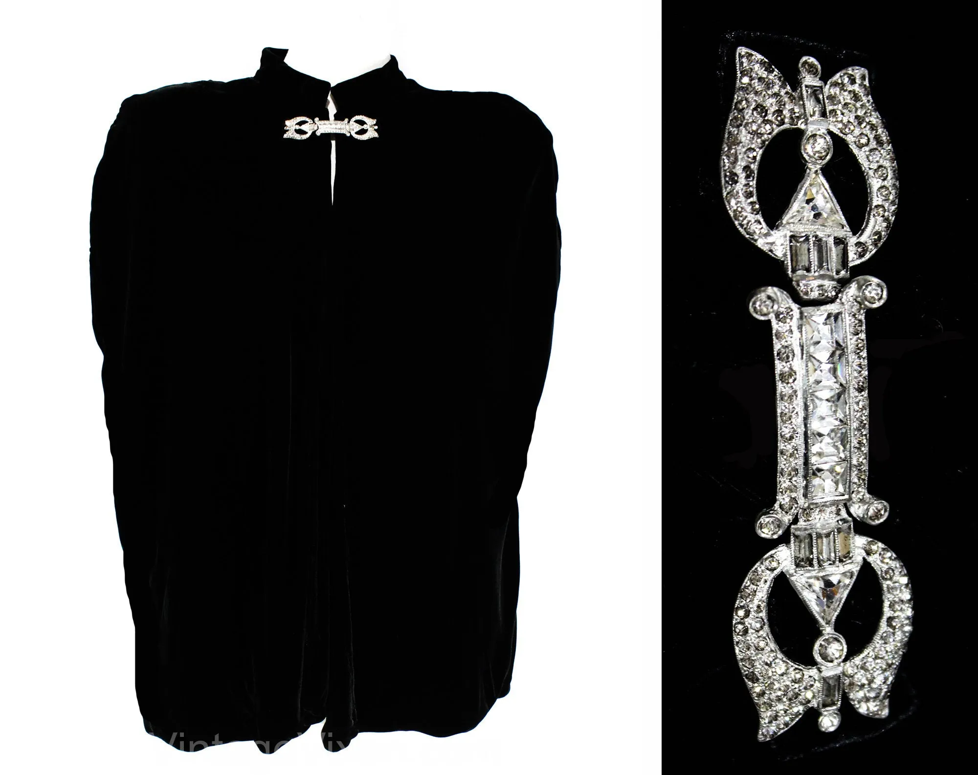 1930s Black Velvet Cape with Deco Rhinestone Clasp - Size Small Medium Winter Evening Wrap - Old Hollywood Style 30s Hip Length Capelet