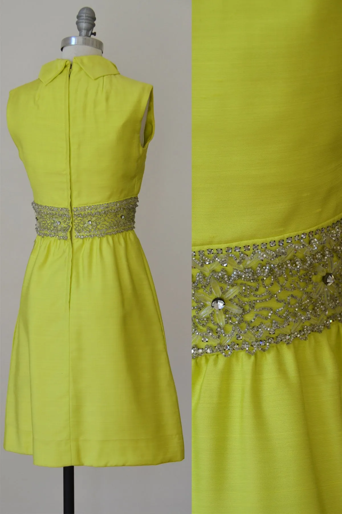 1960s MOD Space Age Keyhole Neckline Neon Green Beaded Vintage Cocktail Dress