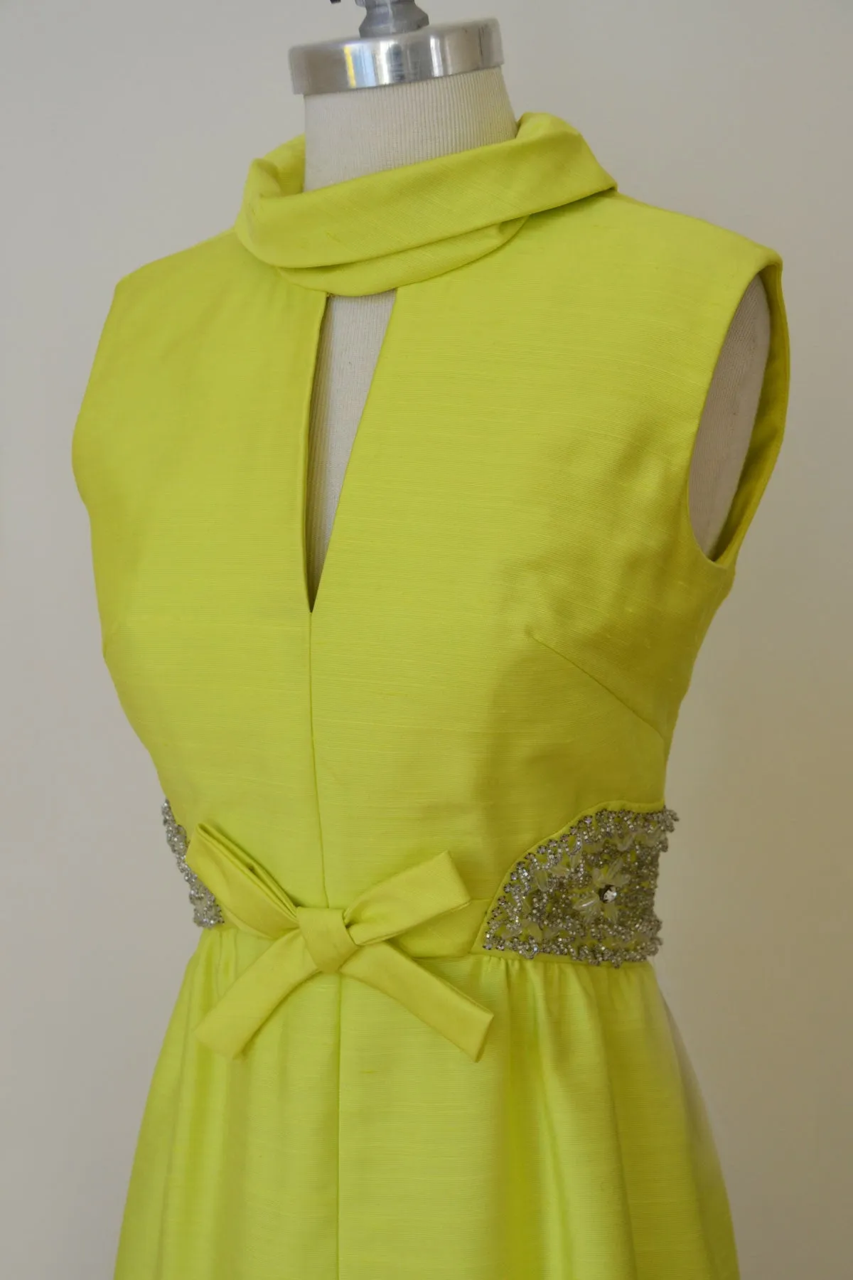 1960s MOD Space Age Keyhole Neckline Neon Green Beaded Vintage Cocktail Dress