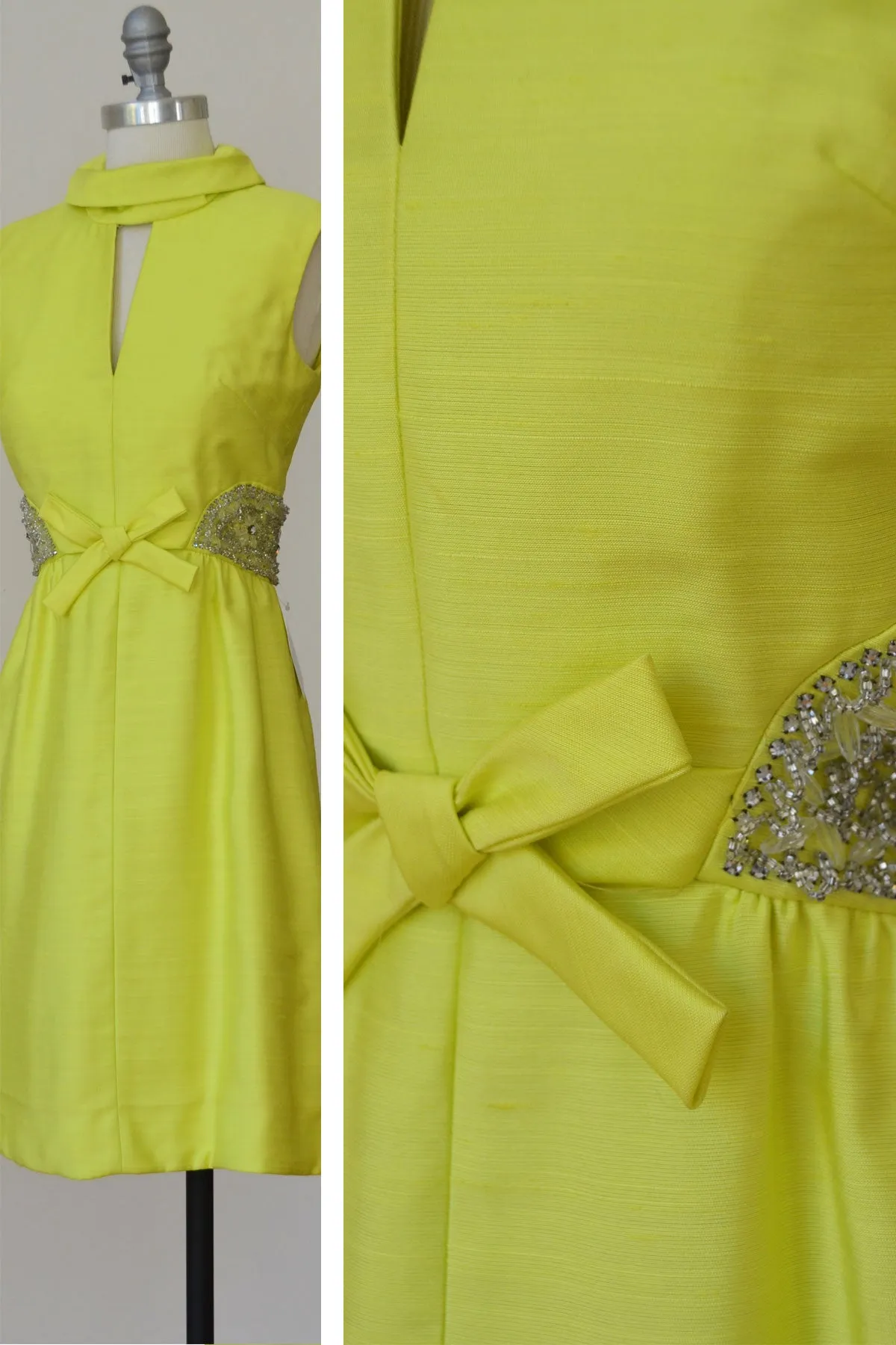 1960s MOD Space Age Keyhole Neckline Neon Green Beaded Vintage Cocktail Dress
