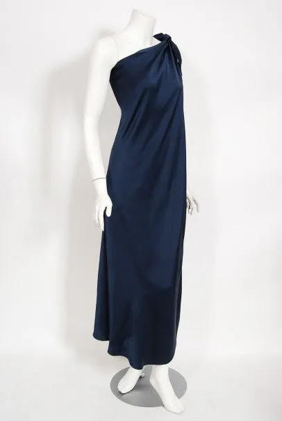 1976 Halston Couture Navy Silk Draped One-Shoulder Wrap Goddess Gown
