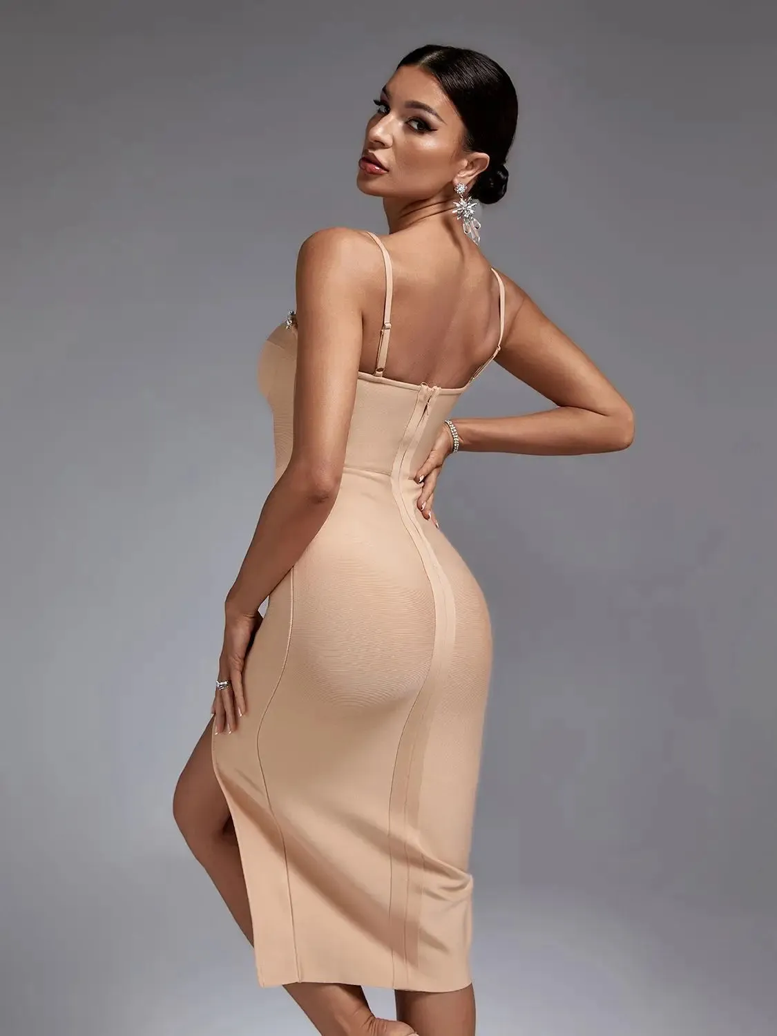 2024 Crystal Party Elegant Sexy Nude Embellished Midi Bodycon Dress