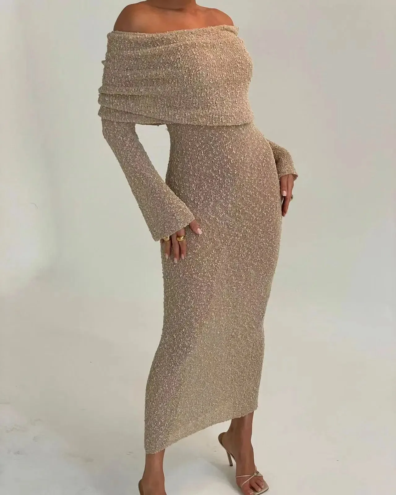 2024 Summer Slash Neck Sunscreen Chic Long Sleeve Bodycon Knitted Holiday Dress