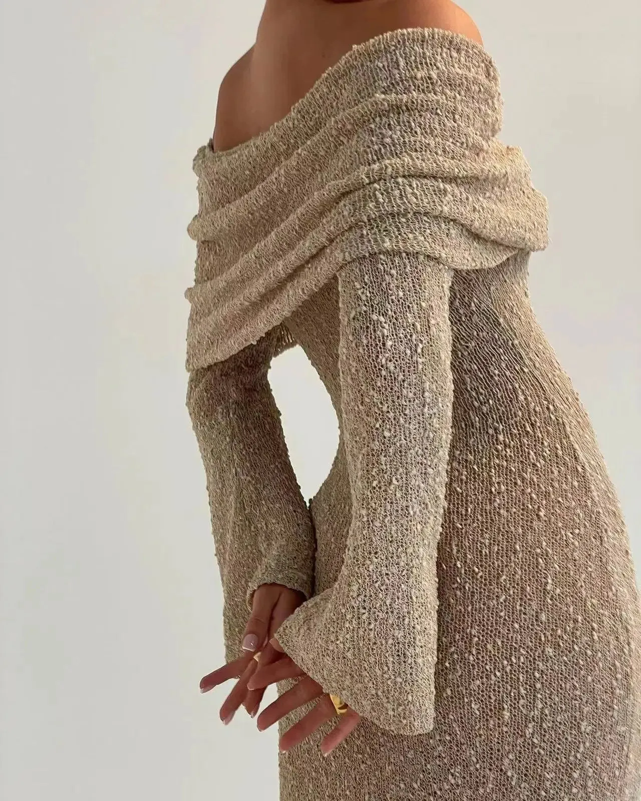 2024 Summer Slash Neck Sunscreen Chic Long Sleeve Bodycon Knitted Holiday Dress