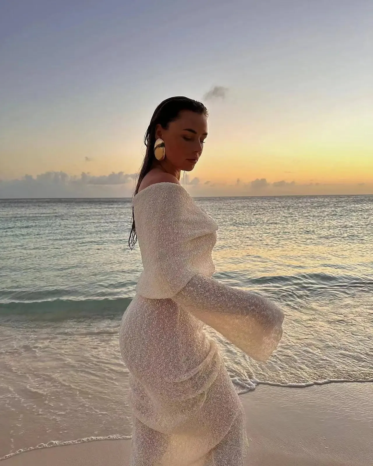 2024 Summer Slash Neck Sunscreen Chic Long Sleeve Bodycon Knitted Holiday Dress