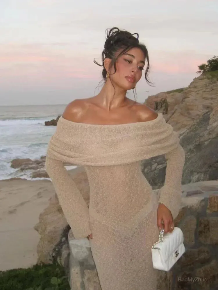 2024 Summer Slash Neck Sunscreen Chic Long Sleeve Bodycon Knitted Holiday Dress