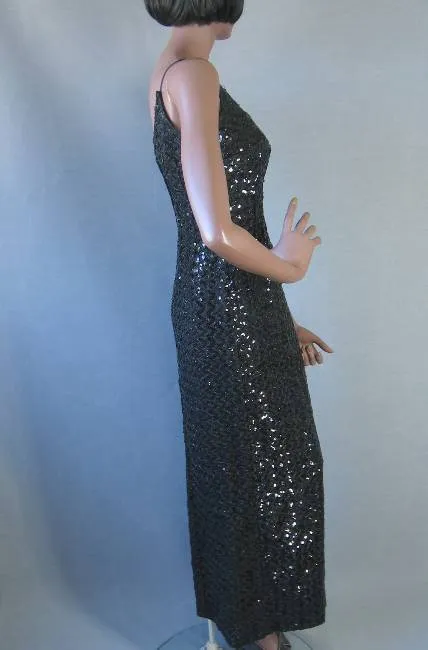 60s Women's Formal Dress Vintage Bombshell Sequin Long Black Diana Ross Supremes Small to Medium VFG