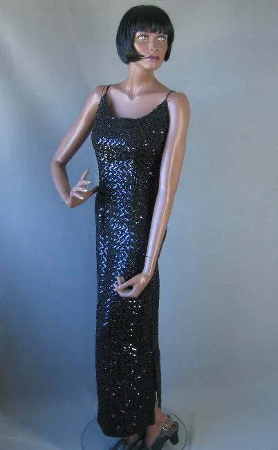 60s Women's Formal Dress Vintage Bombshell Sequin Long Black Diana Ross Supremes Small to Medium VFG