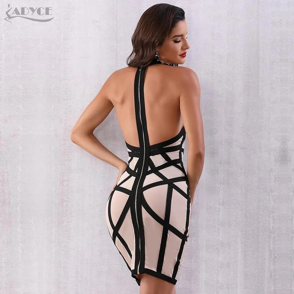 ADYCE Vestidos Halter Mesh Backless Midi Apricot/Black Bodycon Bandage Party Dress - H3680