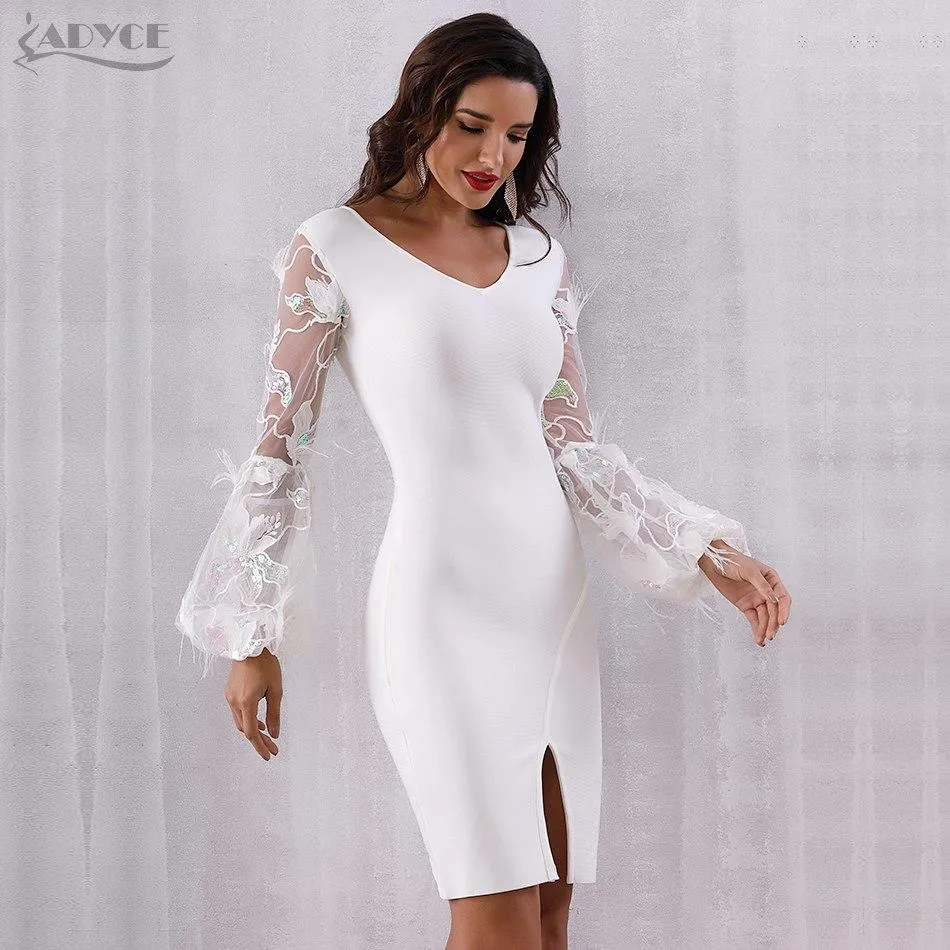 ADYCE Vestidos Sexy Feather Long Sleeve V Neck Midi Lace Runway Bandage Party Dress - H5245