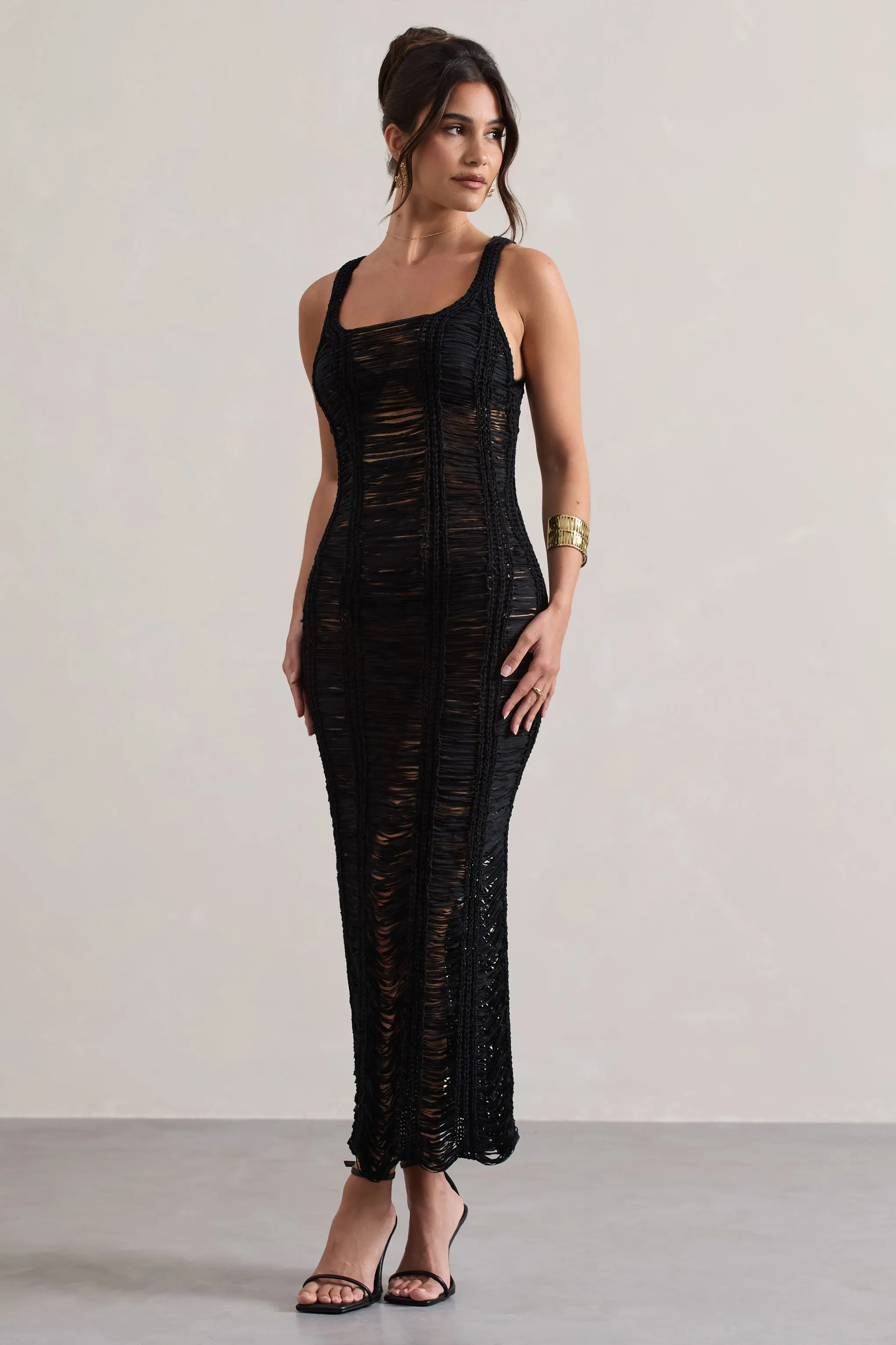 Bahama | Black Crochet Square-Neck Maxi Dress