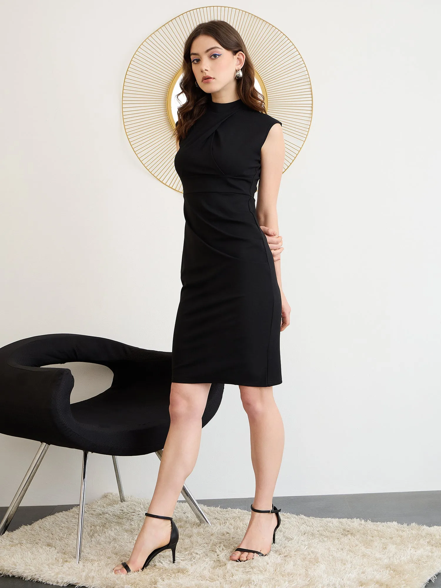 Berrylush Bizwear Women Black Solid Sleeveless Bodycon Midi Dress
