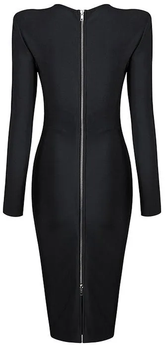 Black Long-Sleeve Asymmetric-Neckline Bodycon Knee-Length Dress