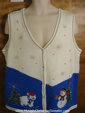 Blue and Ivory Ugly Christmas Sweater Vest with Polar Bear