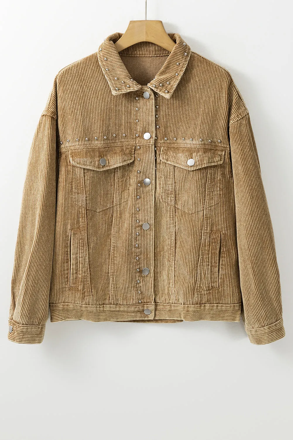 Blue Zone Planet |  Apricot Studded Buttoned Chest Pockets Corduroy Jacket