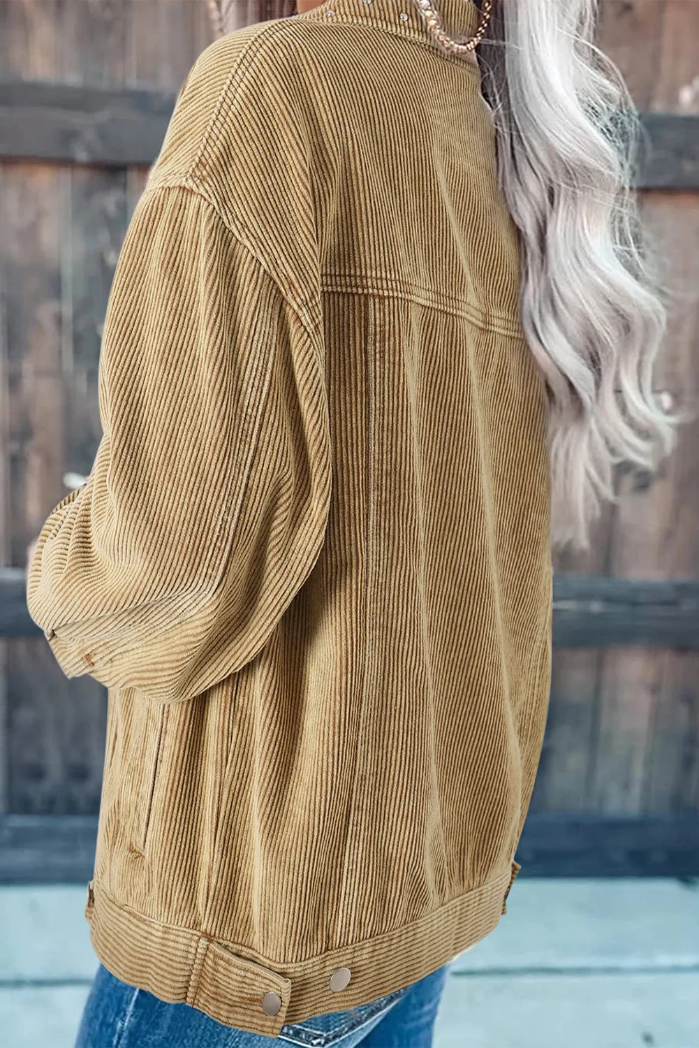 Blue Zone Planet |  Apricot Studded Buttoned Chest Pockets Corduroy Jacket