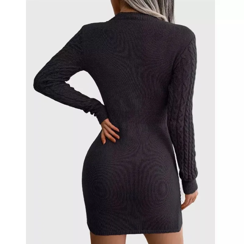 Cable Knit Black Sweater Dress Bust Cut out Sexy Dress Bodycorn Fit