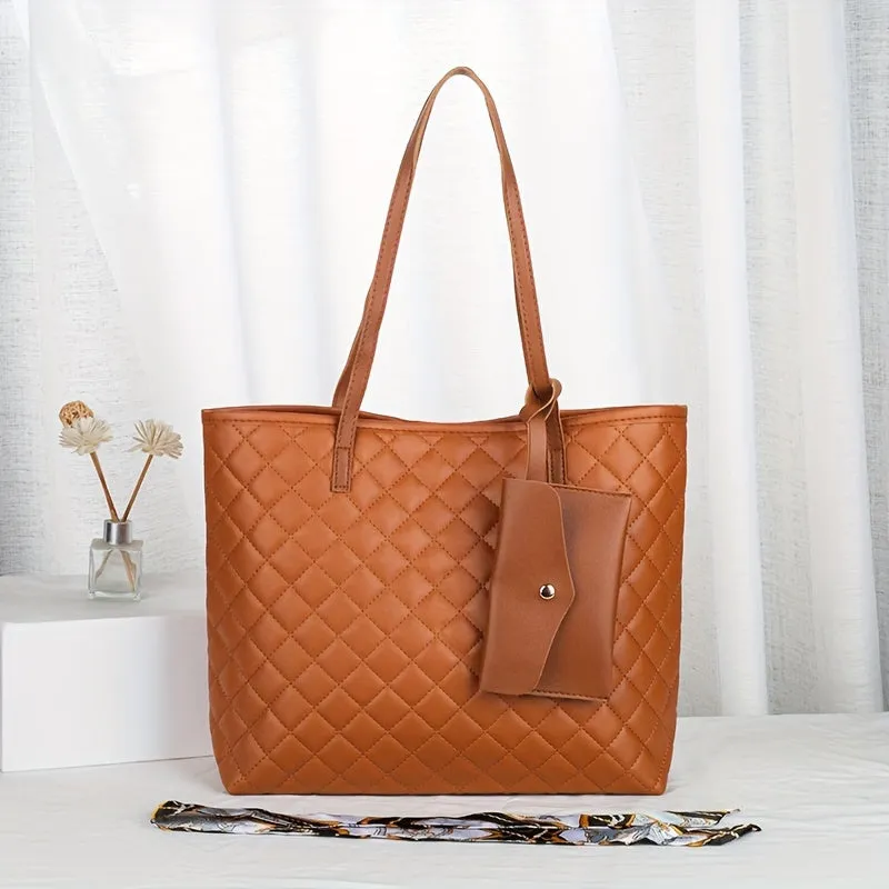Classic Argyle Pattern Shoulder Bag, Minimalist Textured Handbag With Hanging Mini Purse