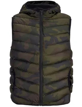 Claude Camouflage Print Puffer Gilet in Khaki