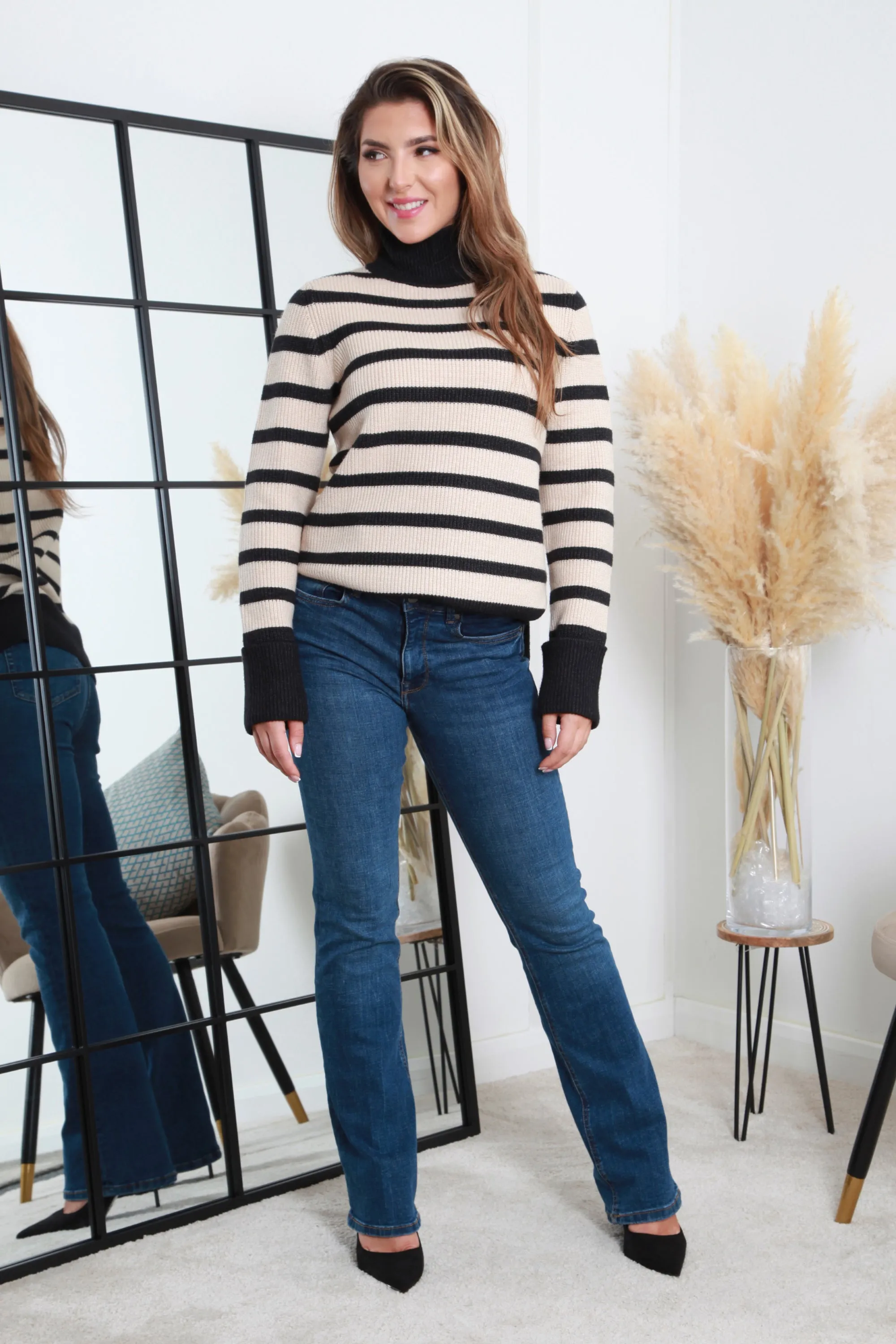 Double Second Black Striped Turtle Neck Knit Jumper