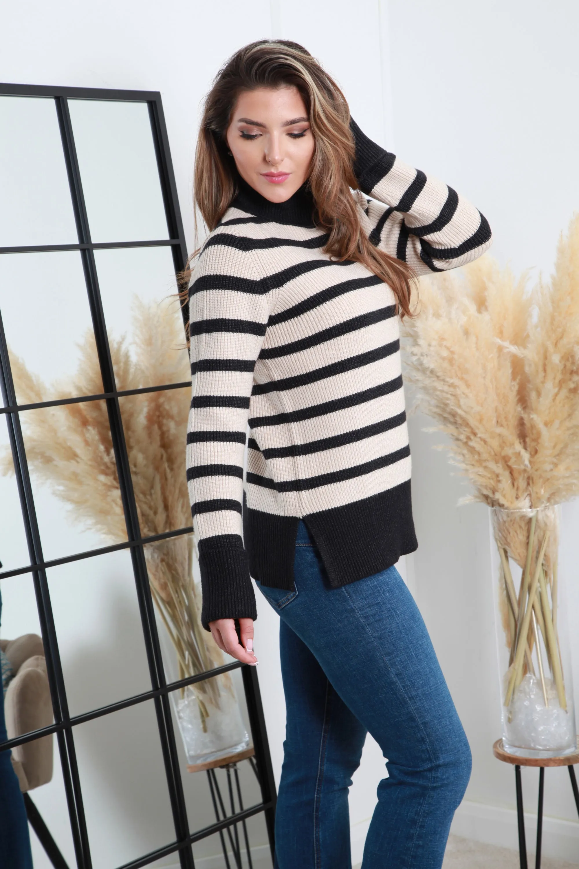 Double Second Black Striped Turtle Neck Knit Jumper