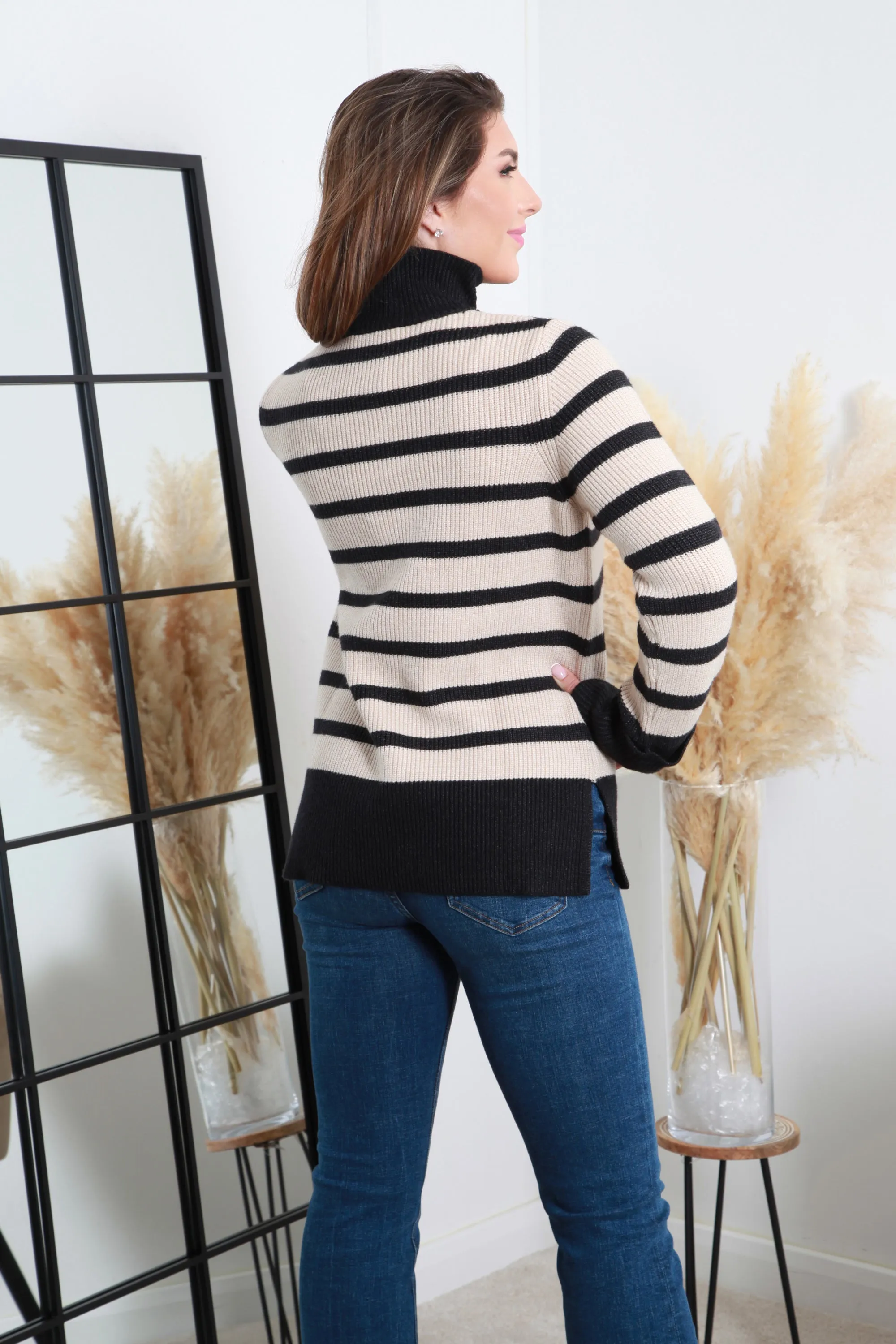Double Second Black Striped Turtle Neck Knit Jumper