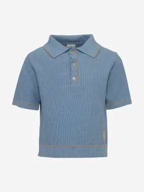 Eleventy Boys Linen Knit Polo Shirt in Blue