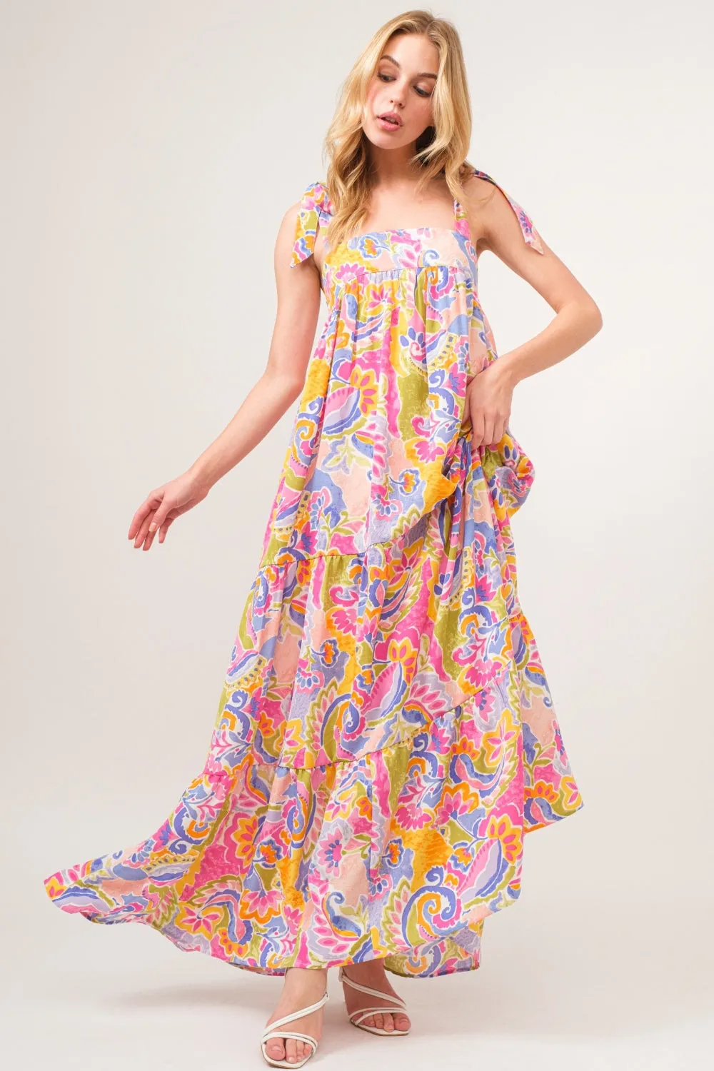 Explore More Collection - And The Why Full Size Printed Tie Shoulder Tiered Maxi Dress