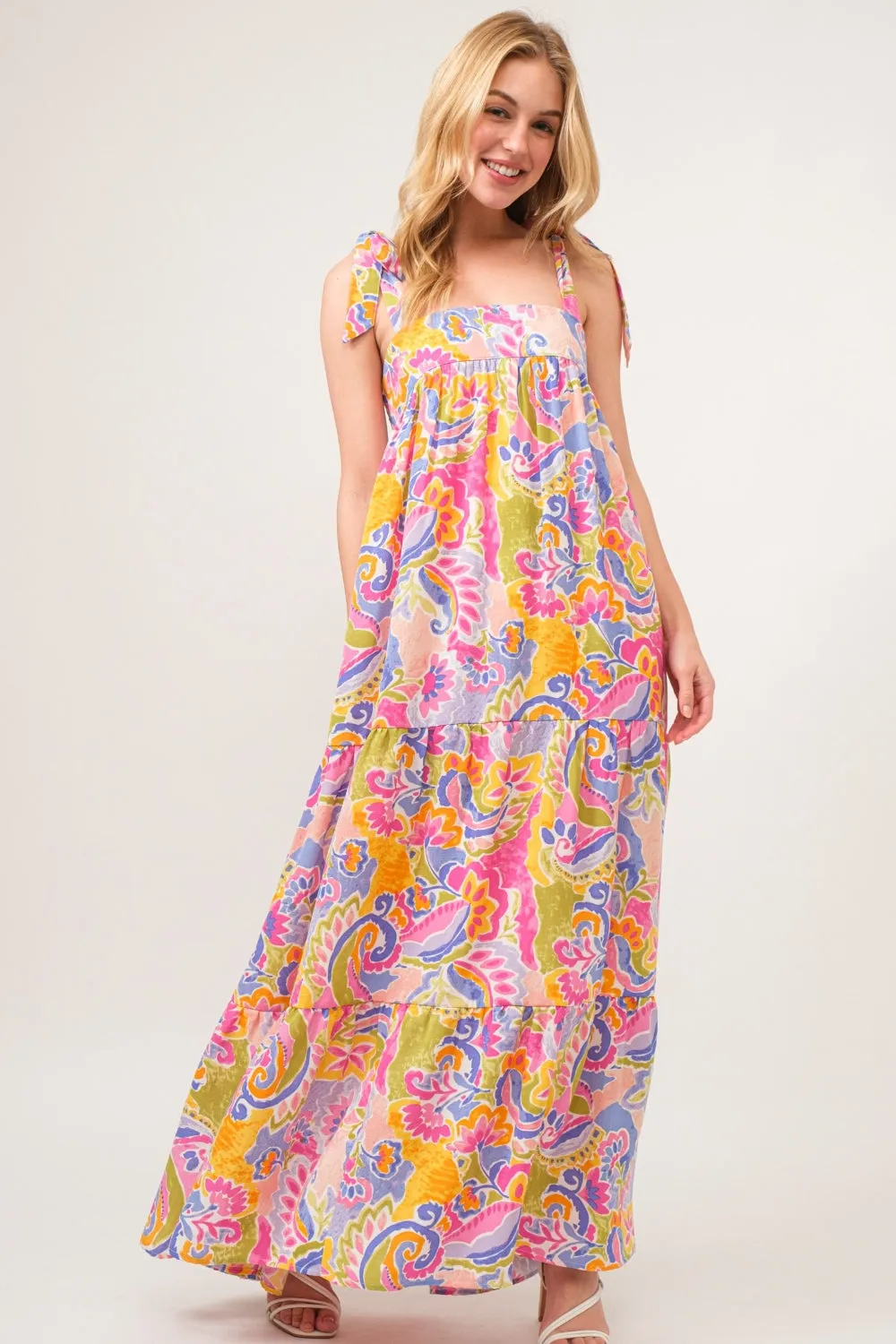 Explore More Collection - And The Why Full Size Printed Tie Shoulder Tiered Maxi Dress