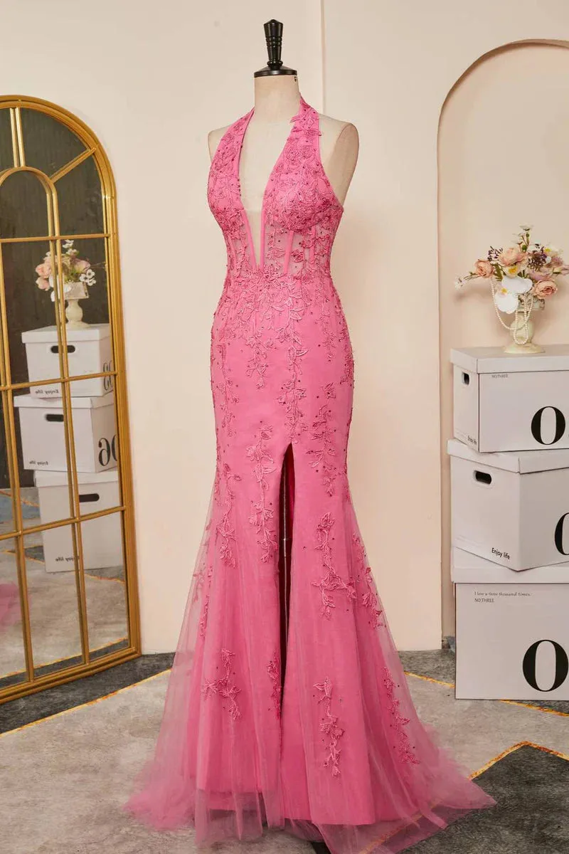 Formal Women's Dresses Hot Pink Halter Lace Long Prom Dress Mermaid Formal Dress with Appliques Prom Clothing