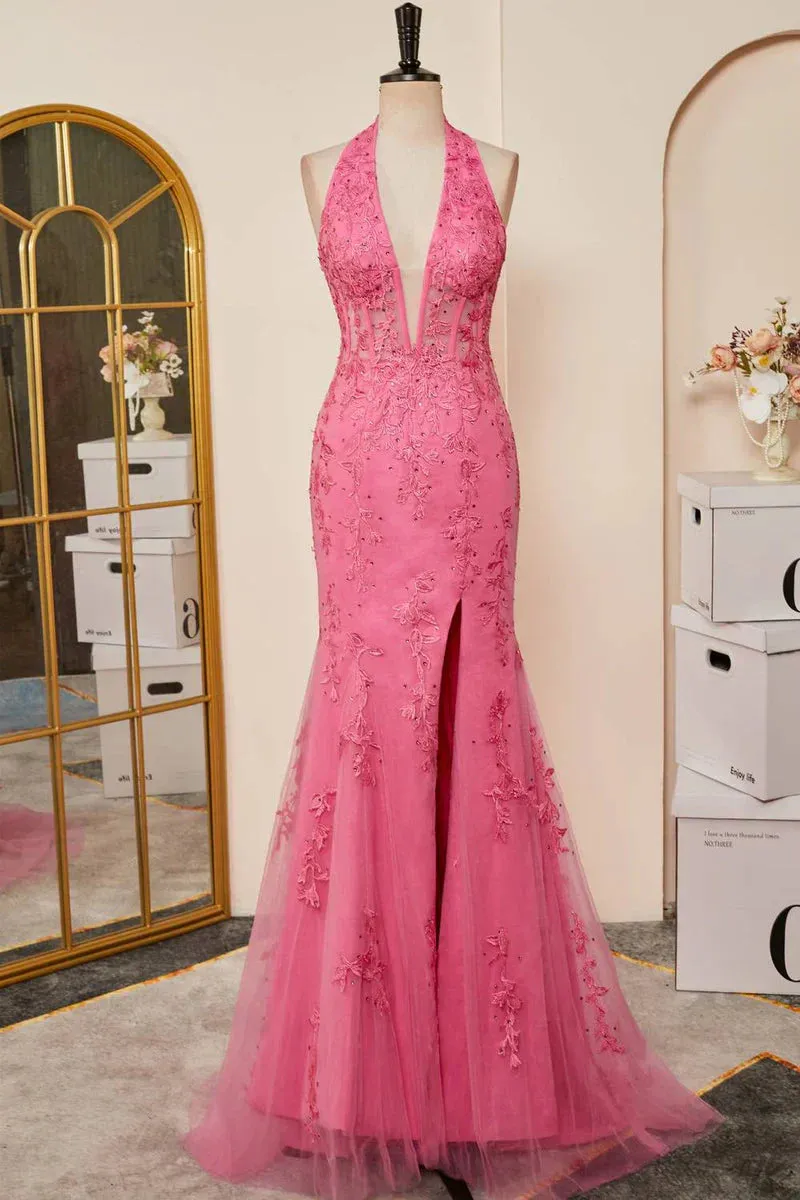 Formal Women's Dresses Hot Pink Halter Lace Long Prom Dress Mermaid Formal Dress with Appliques Prom Clothing