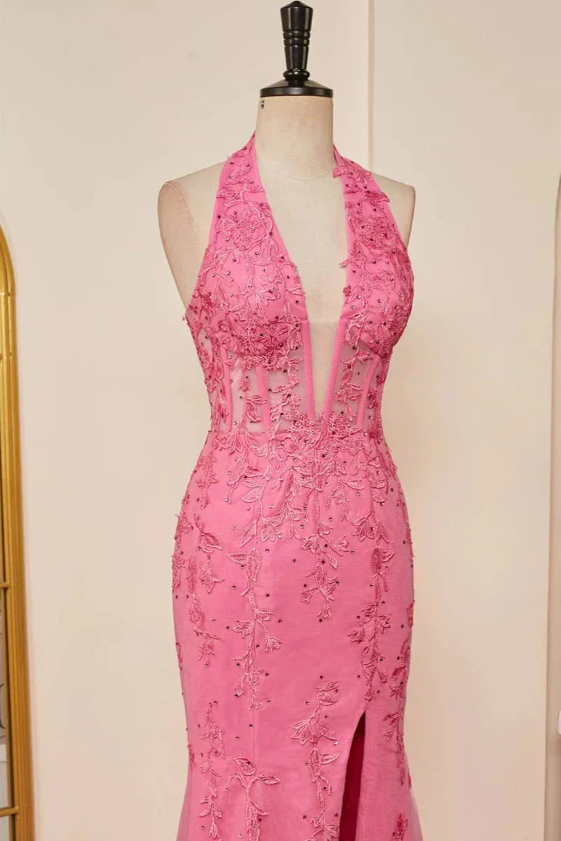 Formal Women's Dresses Hot Pink Halter Lace Long Prom Dress Mermaid Formal Dress with Appliques Prom Clothing