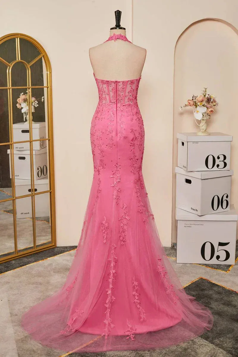 Formal Women's Dresses Hot Pink Halter Lace Long Prom Dress Mermaid Formal Dress with Appliques Prom Clothing