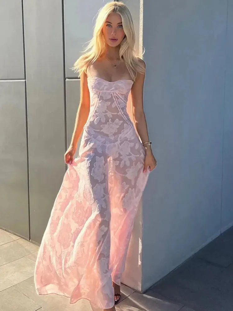 Girlary Floral Camisole Sexy Bodycon Long Dress Women Elegant Backless Summer Dresses Female Straps Party Beach Vestidos