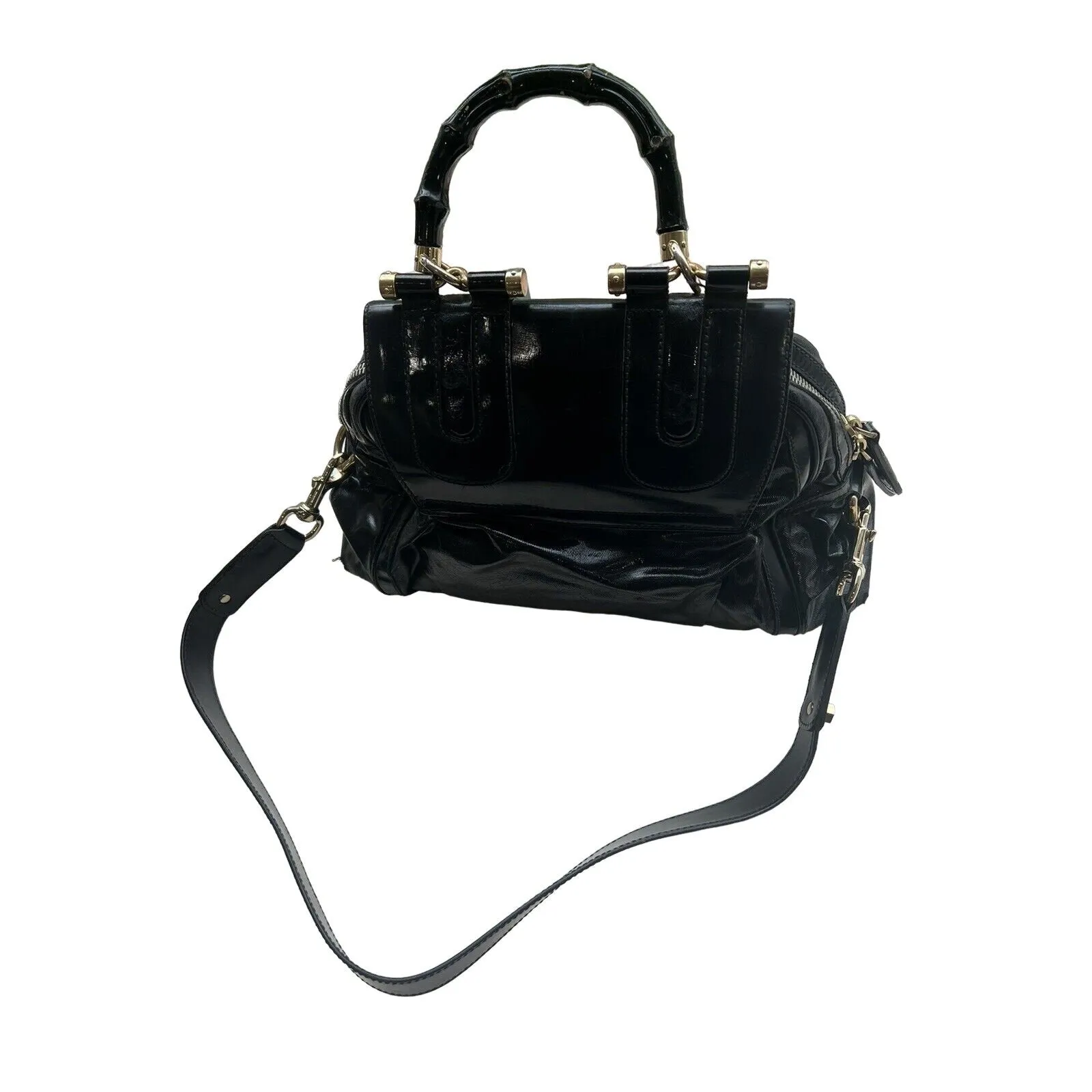 Gucci Navy Leather XL Two-Way Dialux Pop Bamboo Satchel