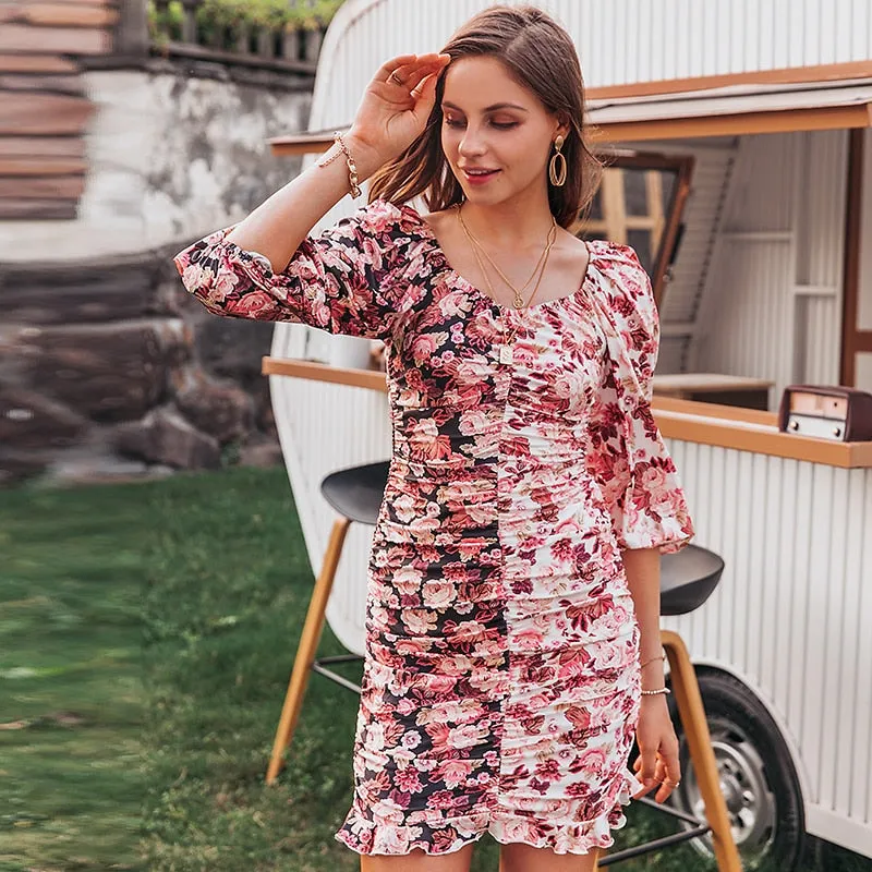 Holiday Patchwork Floral Mini Sexy Pleated Lantern Sleeve Bodycon Pencil Dress