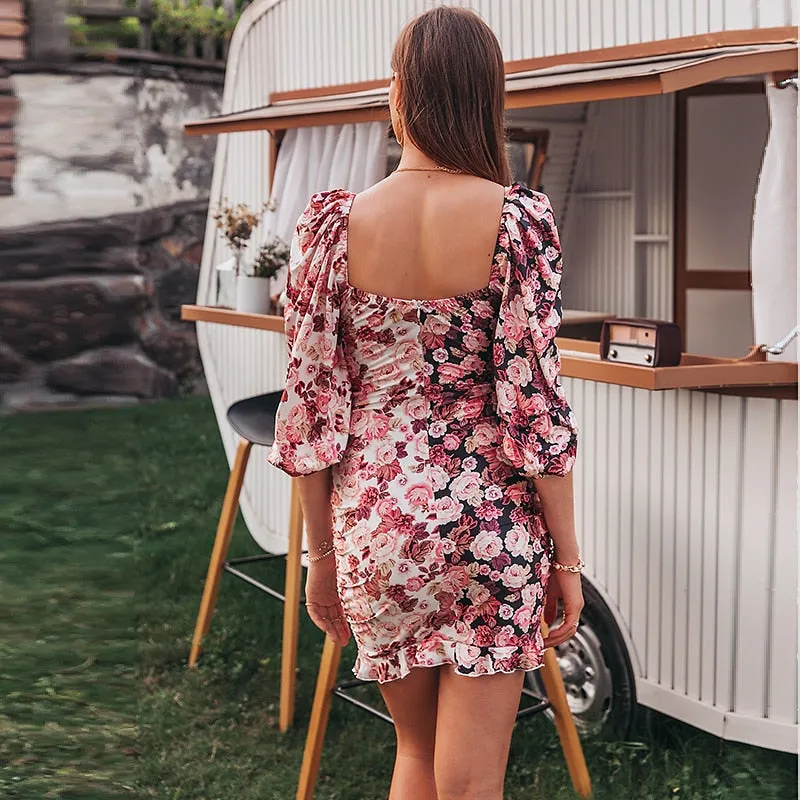 Holiday Patchwork Floral Mini Sexy Pleated Lantern Sleeve Bodycon Pencil Dress