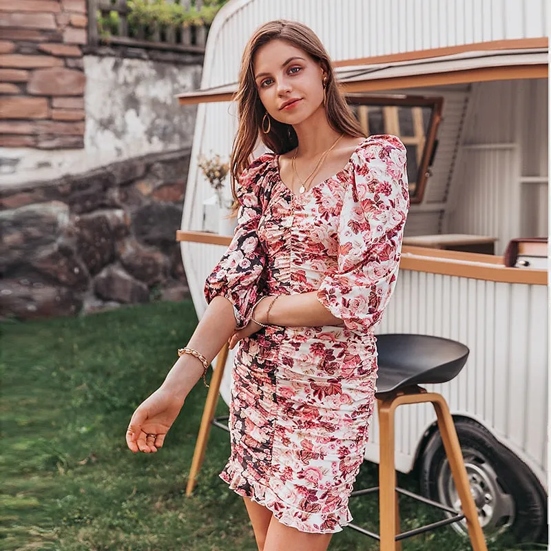 Holiday Patchwork Floral Mini Sexy Pleated Lantern Sleeve Bodycon Pencil Dress