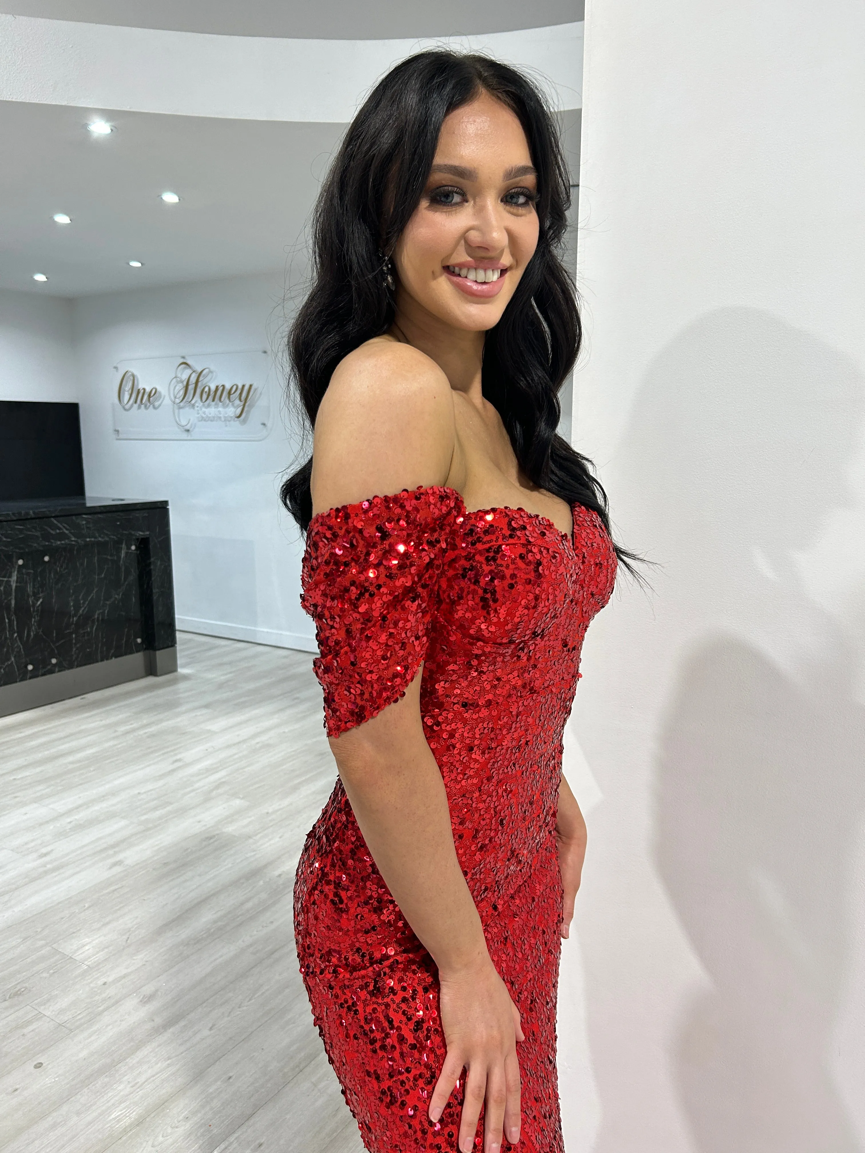 Honey Couture COLLEN Red Off The Shoulder Mermaid Evening Dress