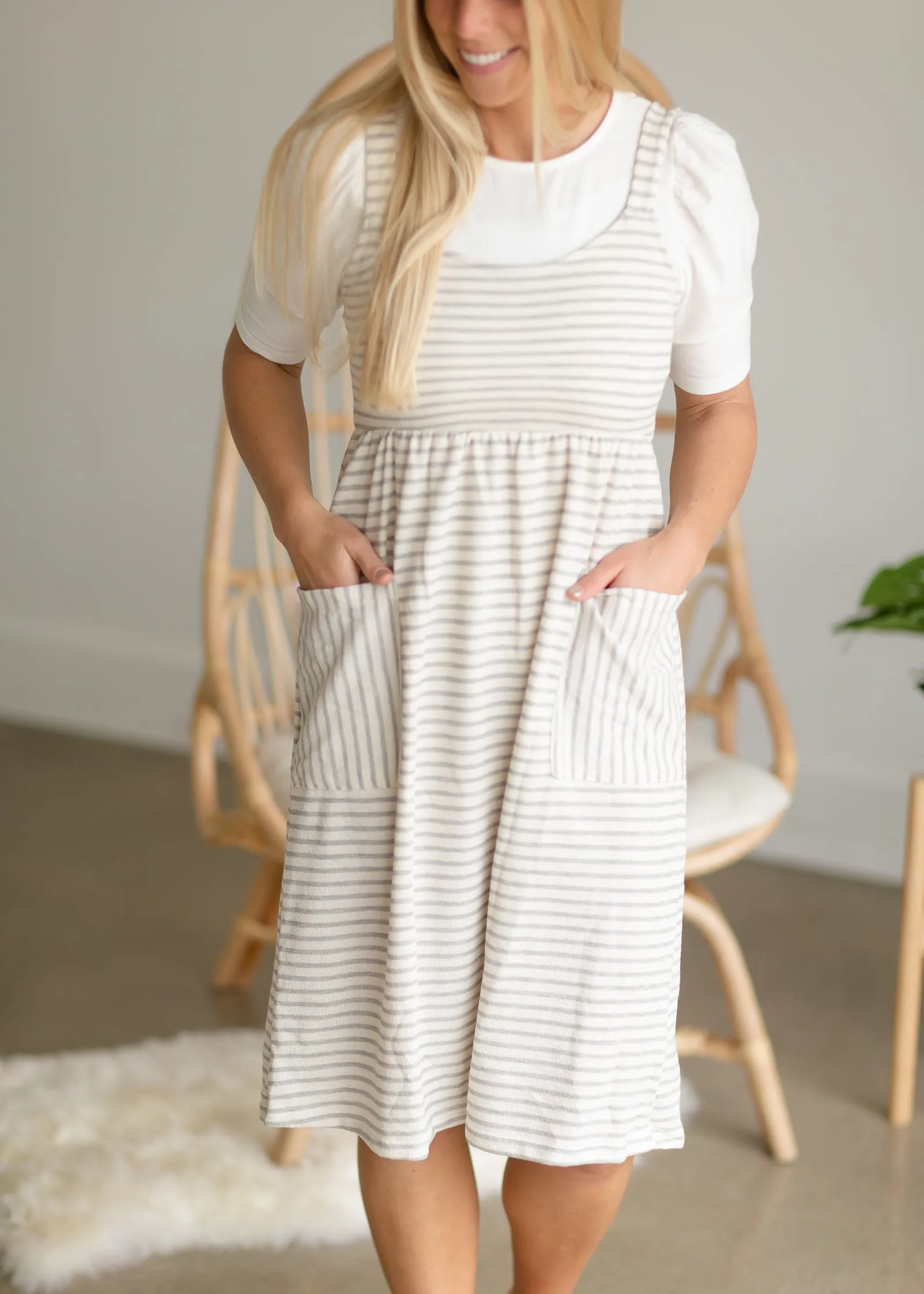 Ivory   Gray Sleeveless Striped Knit Midi Dress - FINAL SALE