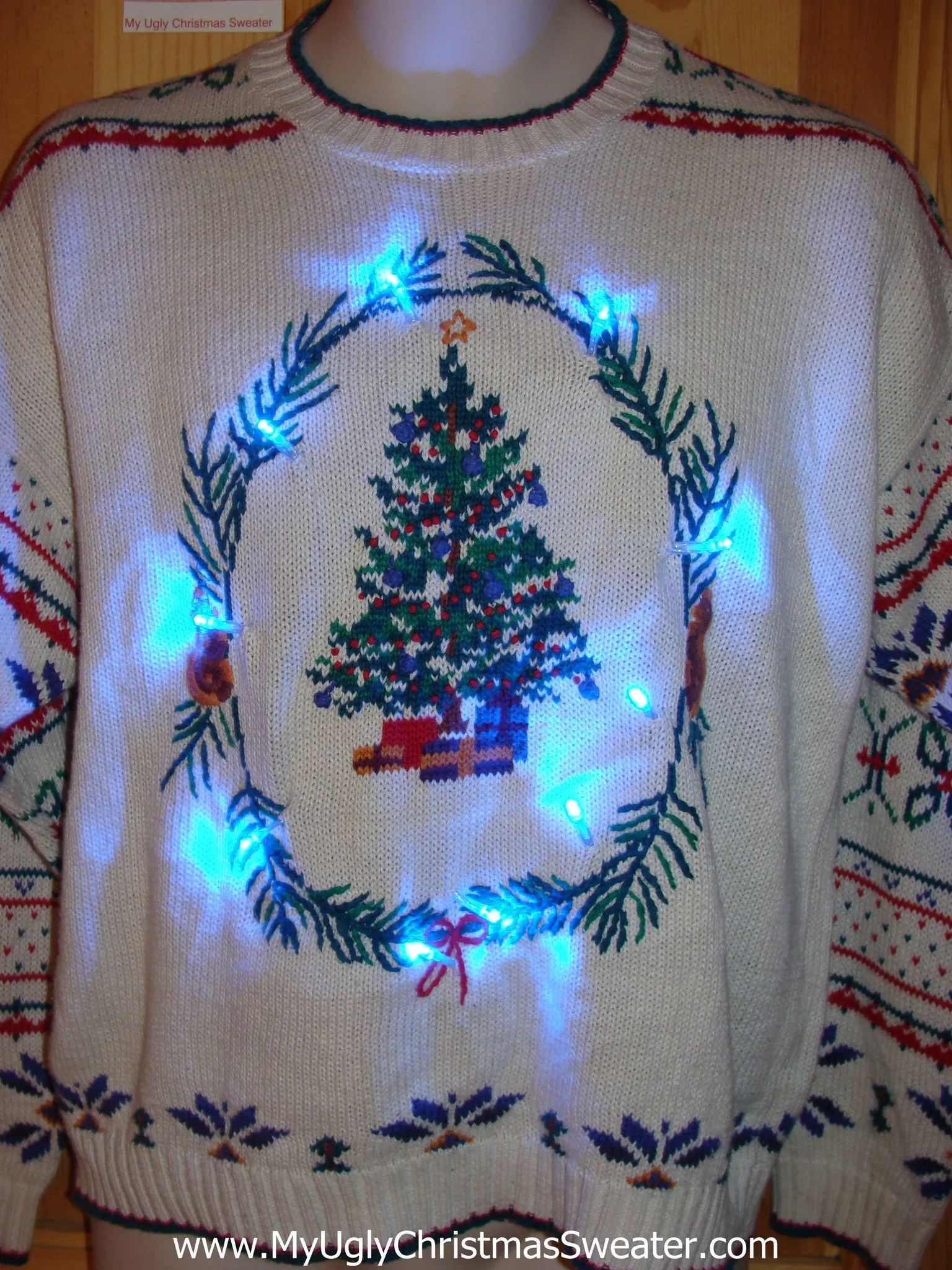 Ivory Light Up Ugly Christmas Sweater with Tree