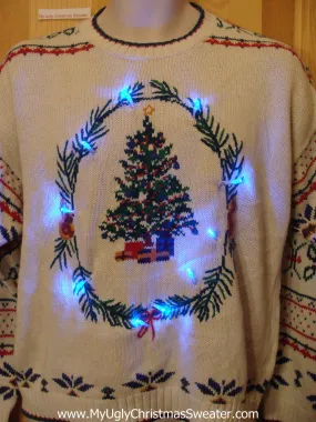 Ivory Light Up Ugly Christmas Sweater with Tree