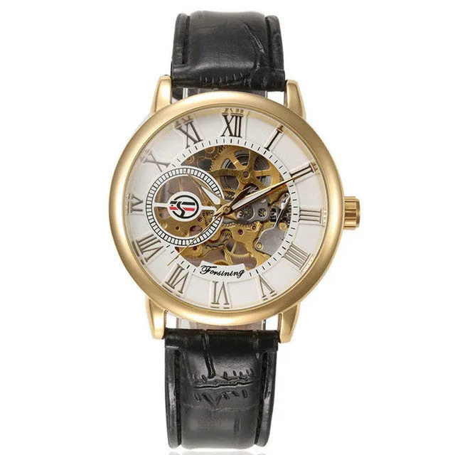 Luxury 3d Logo Design Hollow Engraving Black Gold Case Leather Skeleton Automatic Mechanical Watches Men Brand Heren Horloge