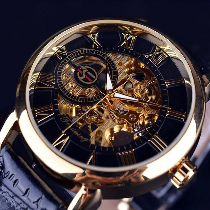 Luxury 3d Logo Design Hollow Engraving Black Gold Case Leather Skeleton Automatic Mechanical Watches Men Brand Heren Horloge