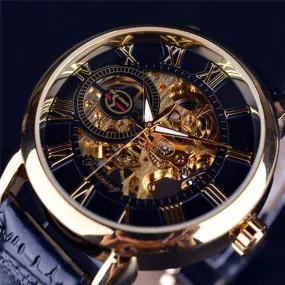 Luxury 3d Logo Design Hollow Engraving Black Gold Case Leather Skeleton Automatic Mechanical Watches Men Brand Heren Horloge