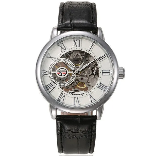 Luxury 3d Logo Design Hollow Engraving Black Gold Case Leather Skeleton Automatic Mechanical Watches Men Brand Heren Horloge