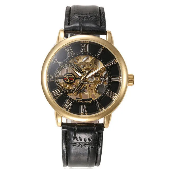 Luxury 3d Logo Design Hollow Engraving Black Gold Case Leather Skeleton Automatic Mechanical Watches Men Brand Heren Horloge