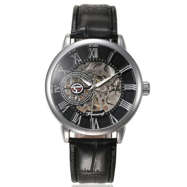 Luxury 3d Logo Design Hollow Engraving Black Gold Case Leather Skeleton Automatic Mechanical Watches Men Brand Heren Horloge